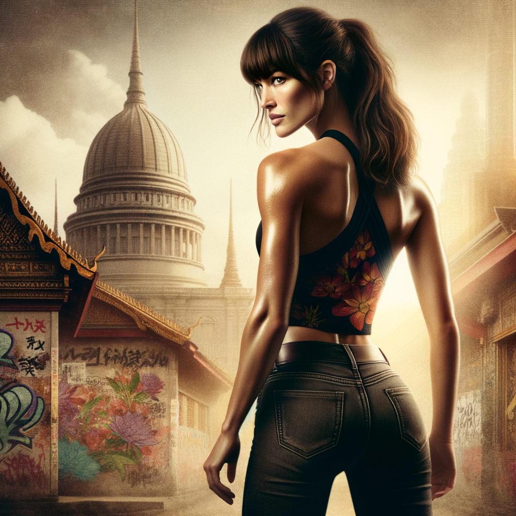 Athletic Thin skinny Attractive, Asian teenage girl, long brown hair and bangs, wearing tight skinny jeans and a halter top paint marks on her clothing, heroic pose Asian graffiti background, backside view