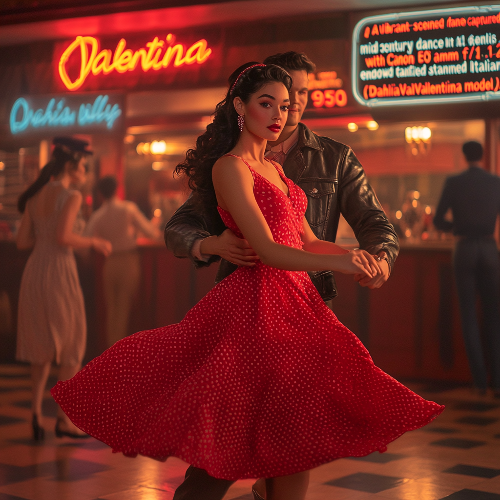 “A vibrant mid-century dance hall scene captured with a Canon EOS R5 and a 50mm f/1.2 lens. the image is focused on Dahlia Valentina fit tall supple well endowed tanned Italian American model (DahliaValentina_ai) stands in the center of a 1950s rockabilly dance, spinning in a bright red polka-dot dress with a fitted bodice and a flared skirt that lifts as she twirls. Her long wavy black hair is tied up with a matching headscarf, and she wears classic cat-eye eyeliner with a bold red lip. She dances with a charming partner dressed in a leather jacket and cuffed jeans, both caught mid-motion in a lively jitterbug step. The neon signs glow behind them, casting warm reflections on the checkered dance floor. The energy of the crowd, jukebox music, and the flickering of retro diner lights add to the nostalgic atmosphere. The composition follows dynamic angles, emphasizing movement and vintage allure.”