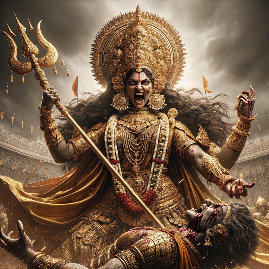 photograph of angry looking, indian goddess trampling a defeated mahishasur with her foot, while he is lying on the ground, she has a trident in her hand. She is wearing gold armor, a huge gold crown, gold saree, abundant  gold jewelry, covered in blood. The scene is set in ancient India. The image is 8K resolution, cinematic, photography, ultra detailed face and epic.