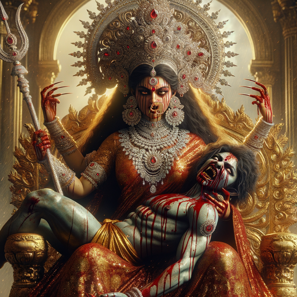 portrait of angry looking goddess durga, sitting on a gold crown and carrying a weak mahishasur on her lap and stabbing him with her amazing red finger nails. She is wearing diamond armor, a huge diamond crown, red saree, abundant diamond jewelry, covered in blood. The scene is set in ancient India. The image is 8K resolution, cinematic, ultra detailed face and epic.