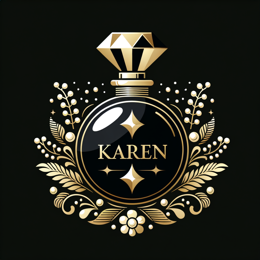 Design a fancy, black and gold bottle of perfume in the shape of a woman’s body. With a golden diamond top, flowers pearls and Diamonds in the name, Karen