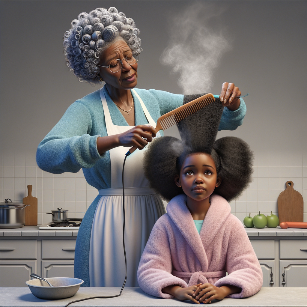 Create a realistic 3-D image of an african-American grandmother wearing a blue house dress and a white apron . She is in the kitchen with her african-American granddaughter. Her granddaughter is wearing a pink bath robe. The grandmother has a hot comb in her hand and she is straightening her granddaughters hair. One side of her granddaughters hair is in  a Afro the other straight 
There is smoke coming from the hot comb
The granddaughter is making a face