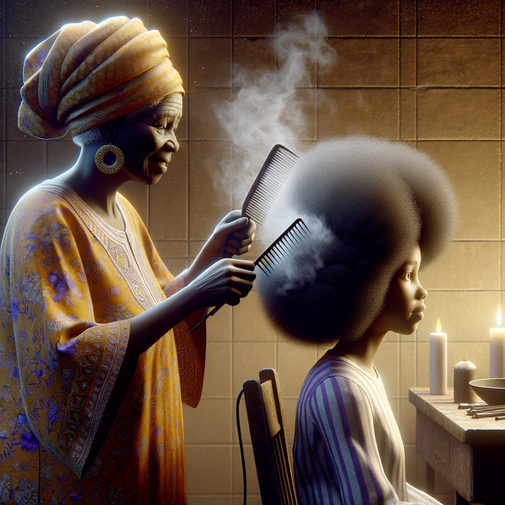 Create a realistic 3-D image of an african-American grandmother in the kitchen with her african-American granddaughter. The grandmother has a hot comb in her hair and she is straightening her granddaughters hair. One side of her granddaughters hair is in  a Afro the other is bone straight 
There is smoke coming from the hot comb