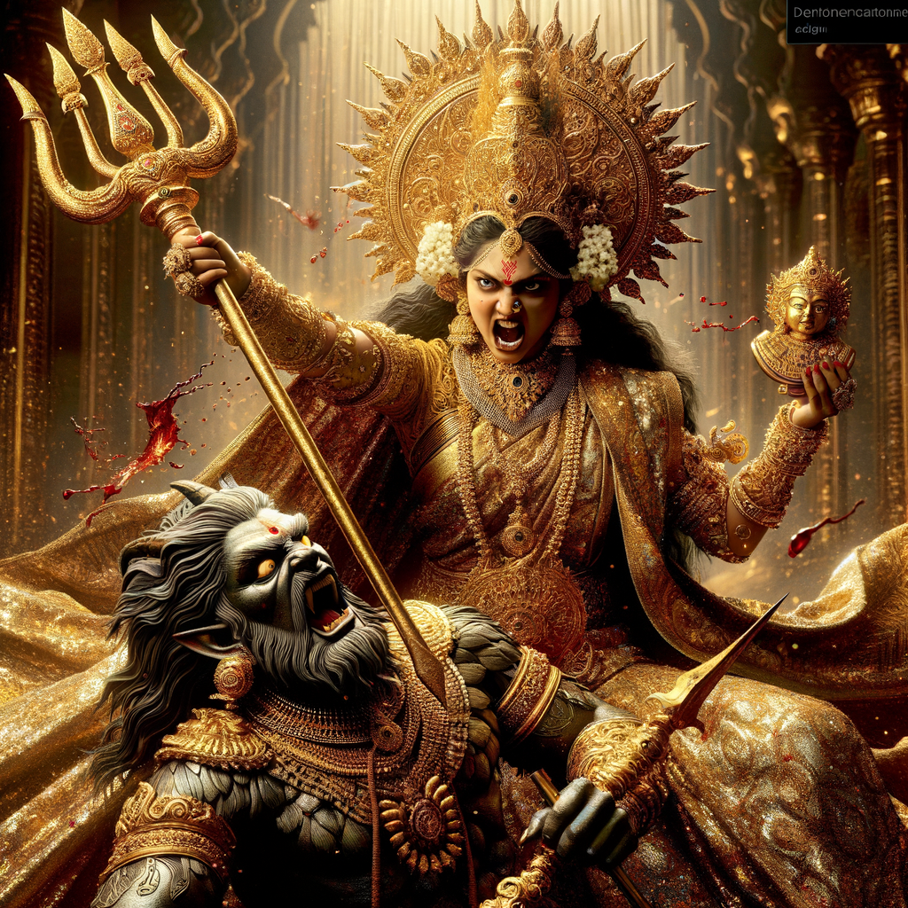 portrait of angry looking goddess durga sitting on a gold crown and carrying a weak mahishasur on her lap and stabbing him with her amazingly designed trident. She is wearing gold armor, a huge gold crown, gold saree, abundant  gold jewelry, covered in blood. The scene is set in ancient India. The image is 8K resolution, cinematic, ultra detailed face and epic.