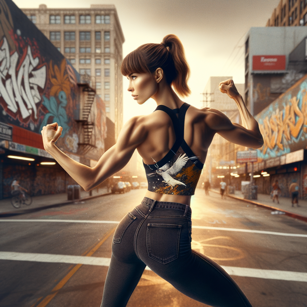 Athletic Thin skinny Attractive, Asian teenage girl, long brown hair and bangs, wearing tight skinny jeans and a halter top paint marks on her clothing, heroic pose Asian graffiti background, backside view