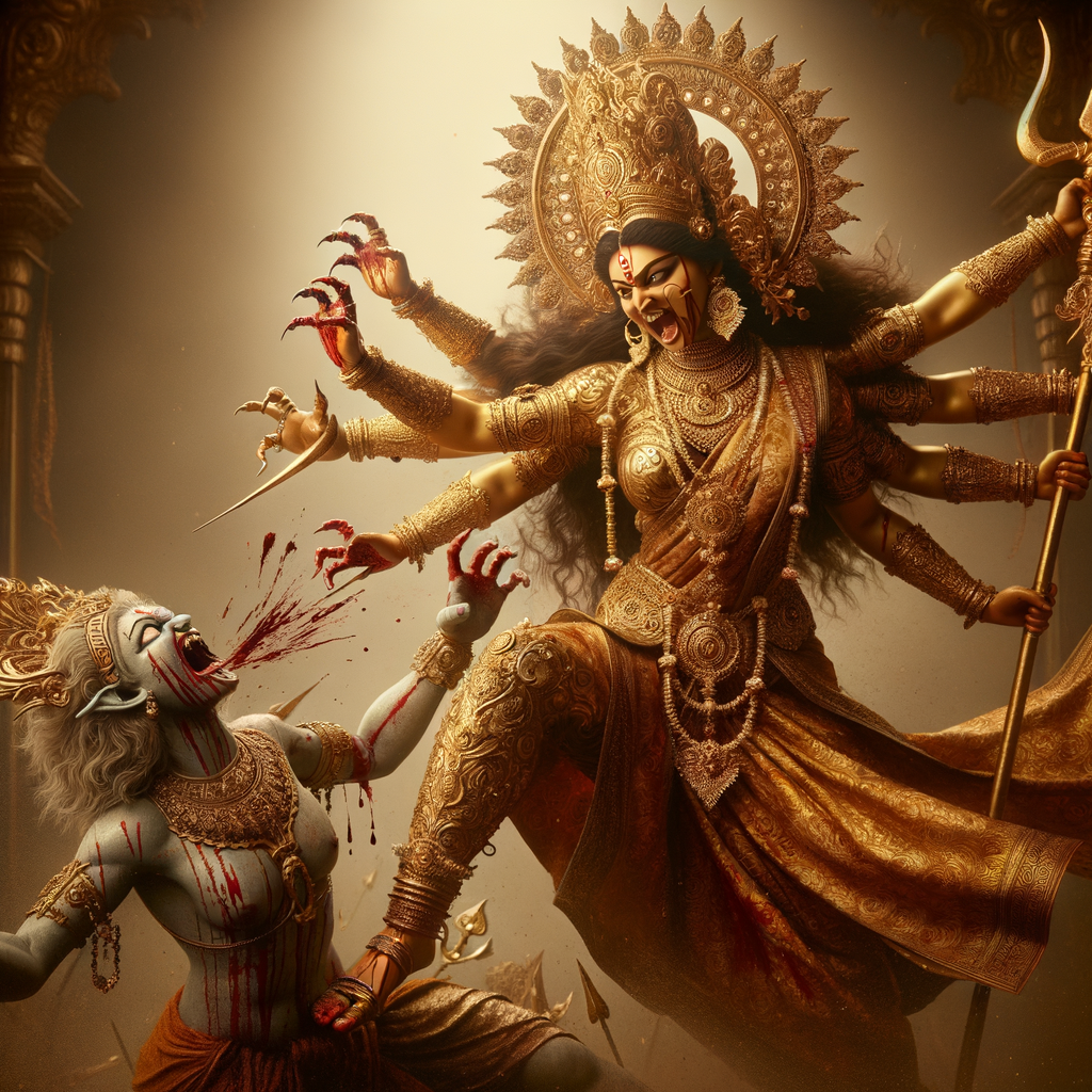 portrait of angry looking, indian goddess lunging at a weak mahishasur with a trident in her hand. She is wearing gold armor, a huge gold crown, gold saree, abundant  gold jewelry, covered in blood. The scene is set in ancient India. The image is 8K resolution, cinematic, photography, ultra detailed face and epic.