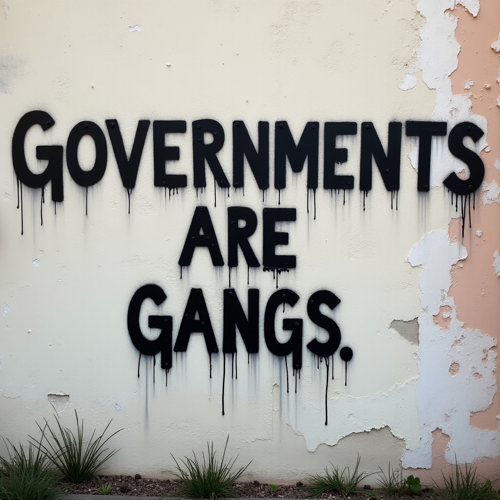 A vandalized wall that says “GOVERNMENTS ARE GANGS”