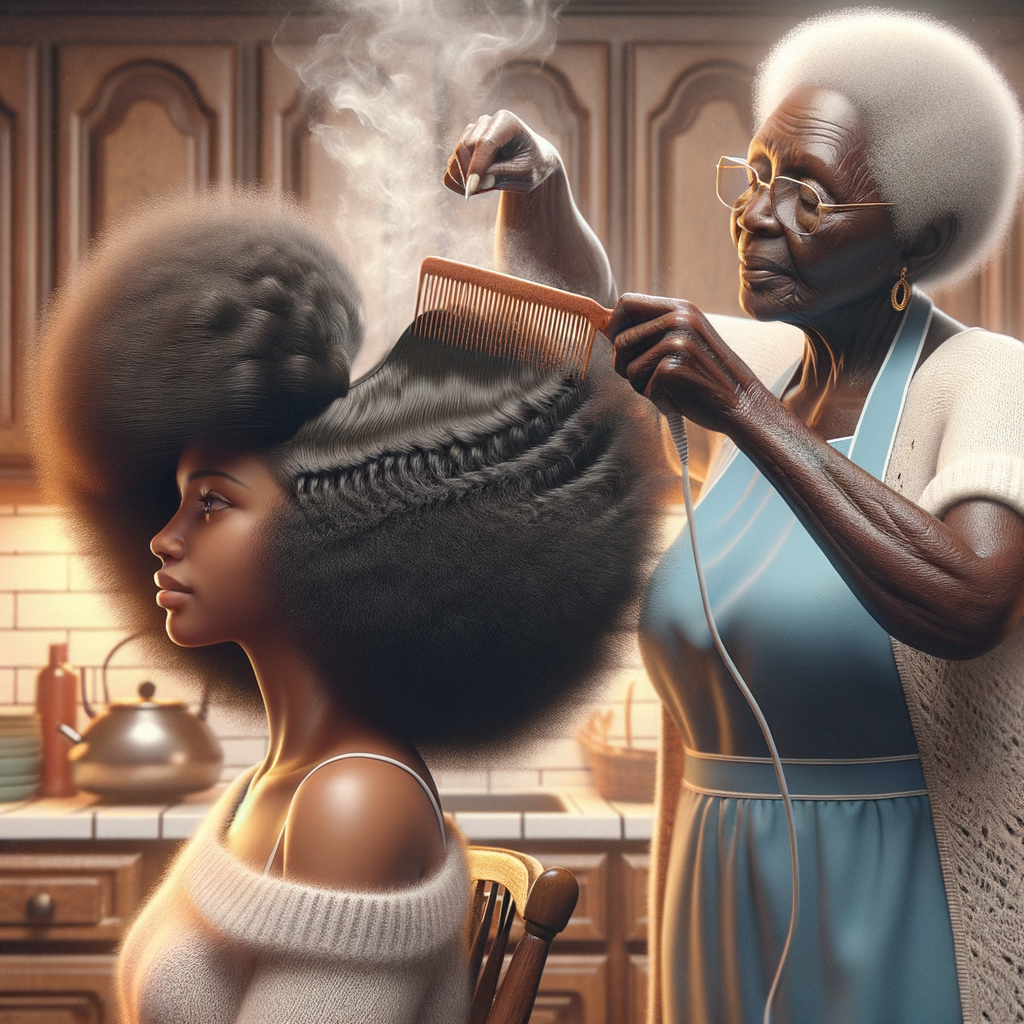 Create a realistic 3-D image of an african-American grandmother in the kitchen with her african-American granddaughter. The grandmother has a hot comb in her hair and she is straightening her granddaughters hair. One side of her granddaughters hair is in  a Afro the other is bone straight 
There is smoke coming from the hot comb