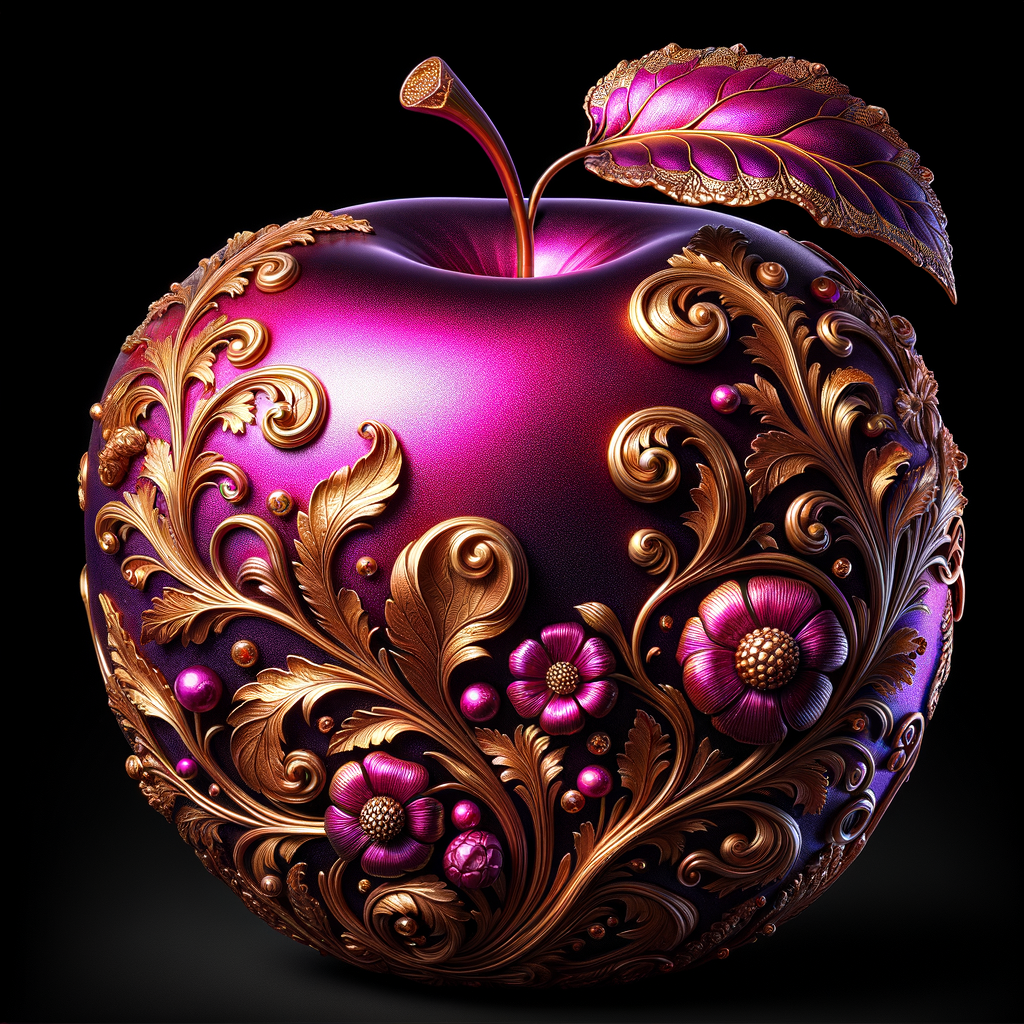 Envision a lustrous, oversized apple with a surface that gleams in a radiant shade of purple, as if lacquered to a high shine, reflecting light from its smooth, curvaceous form. The apple is adorned with elegant gold leaf patterns that swirl luxuriously around its contour, bringing a baroque opulence to its appearance. The stem, a bronzed sculpture in itself, supports a single leaf that seems to glow with an inner luminescence. At the apple’s base, a collection of flowers blooms, their petals softening the scene with organic shapes and colors that harmonize with the vibrant purple and gold. Incorporated into the metallic filigree in an artful script is the name "Karen," as if the apple were personally inscribed, enhancing the custom and bespoke quality of the piece.