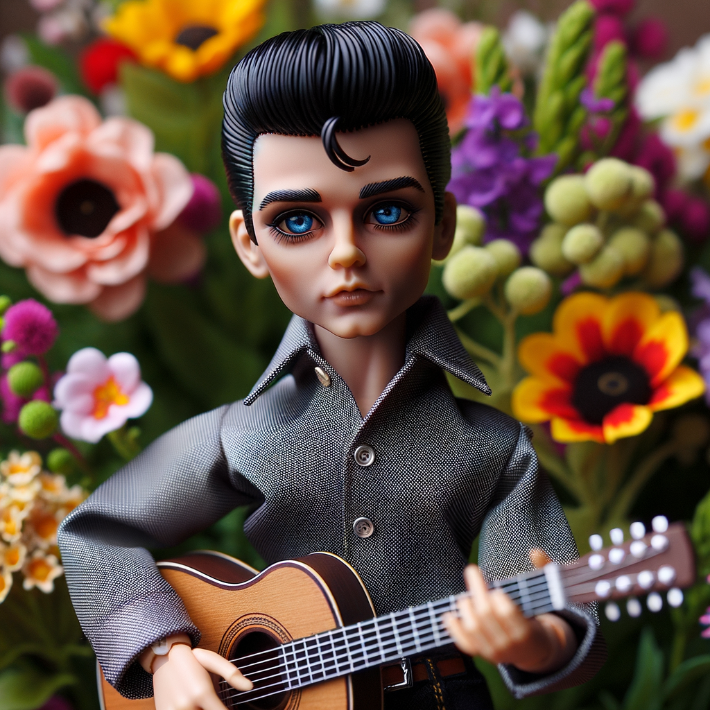 Elvis Presley doll with huge blue eyes flowers in the background