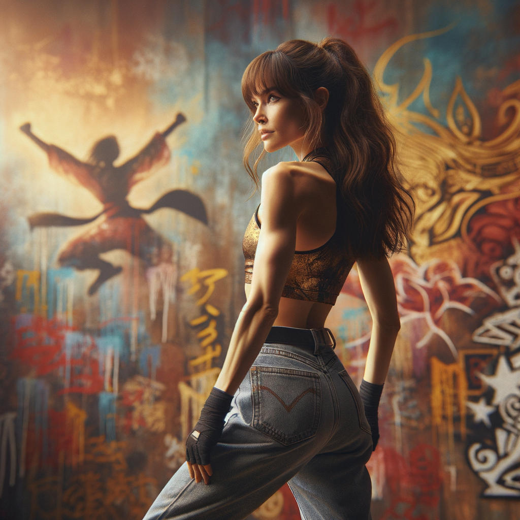 Athletic Thin skinny Attractive, Asian teenage girl, long brown hair and bangs, wearing tight skinny jeans and a halter top paint marks on her clothing, heroic pose Asian graffiti background, backside view