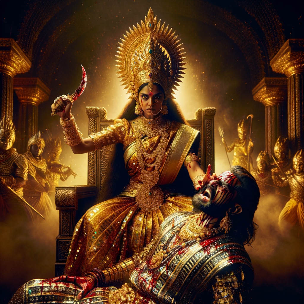 portrait of angry looking goddess durga cosplayer sitting on a gold crown and carrying a weak mahishasur cosplayer on her lap and she is stabbing his belly  with her amazing long fingernails. She is wearing gold armor, a huge gold crown, gold saree, abundant  gold jewelry, covered in blood. The scene is set in ancient India. The image is 8K resolution, photography, cinematic, ultra detailed face and epic