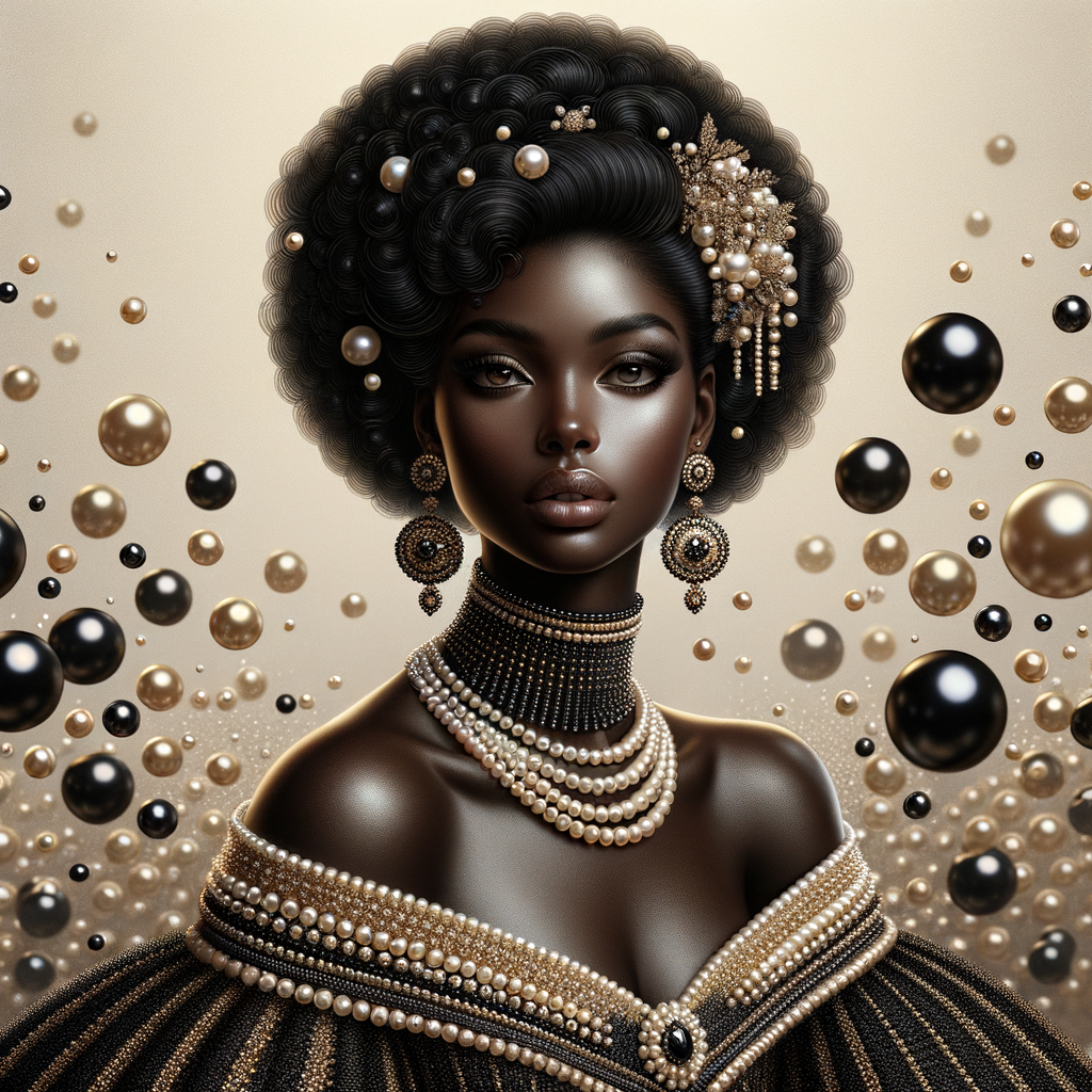 Imagine a digital portrait of a light skinned African-American Latino regal woman named KAREN Her attire and accessories are exclusively adorned with black and gold pearls. They grace her voluminous hair, styled in an elegant updo, where the black pearls form the roots and the gold pearls create the stunning curls. Her ears boast chandelier earrings, with black pearls clustered at the top, transitioning to gold pearls that dangle with delicate grace. Around her neck, a tiered necklace cascades with strands of alternating black and gold pearls, reflecting a sophisticated contrast.

Her shoulders are draped with a luxurious off-shoulder gown, the fabric's weave incorporating intricate patterns formed by black and gold pearls. The gown's texture has a subtle sheen, suggesting a high-quality material with a pearlescent finish. As a centerpiece, a grand brooch sits at her collar, with a large gold pearl surrounded by an elaborate design of smaller black pearls.

The background of the portrait features an abstract composition of floating pearls, swirling in a dance of shadows and light, emphasizing the color theme of black and gold. The name "KAREN" is discreetly integrated into the lower right corner of the artwork, blending seamlessly with the design, as if it were a signature part of the jewelry ensemble. The overall effect is one of timeless elegance, a blend of modern design and classic beauty, all tied together by the luxurious palette of black and gold.