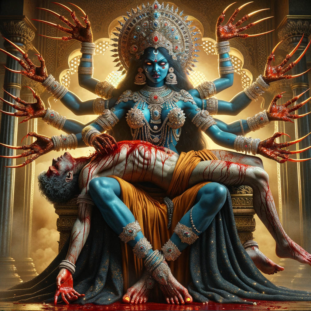 portrait of angry looking, four-armed indian goddess blue skinned sitting on a gold crown and carrying a weak mahishasur on her lap and poking his abdomen with her amazingly long red fingernails . She is wearing diamond armor, a huge diamond crown, black saree, abundant  diamond jewelry, covered in blood. The scene is set in ancient India. The image is 8K resolution, cinematic, photography, ultra detailed face and epic.