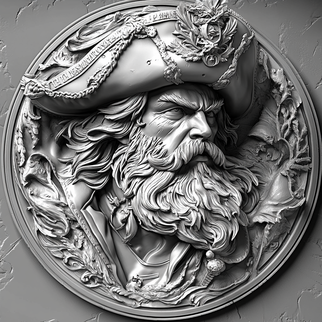 Design a high-contrast grayscale 3d bas relief of captain crunch, The composition should be circular like a coin emblem, designed for CNC routing with balanced lighting to accentuate fine details, sharp edges, and distinct textures. Employ deep shadows and strong highlights to define planes and surfaces clearly.