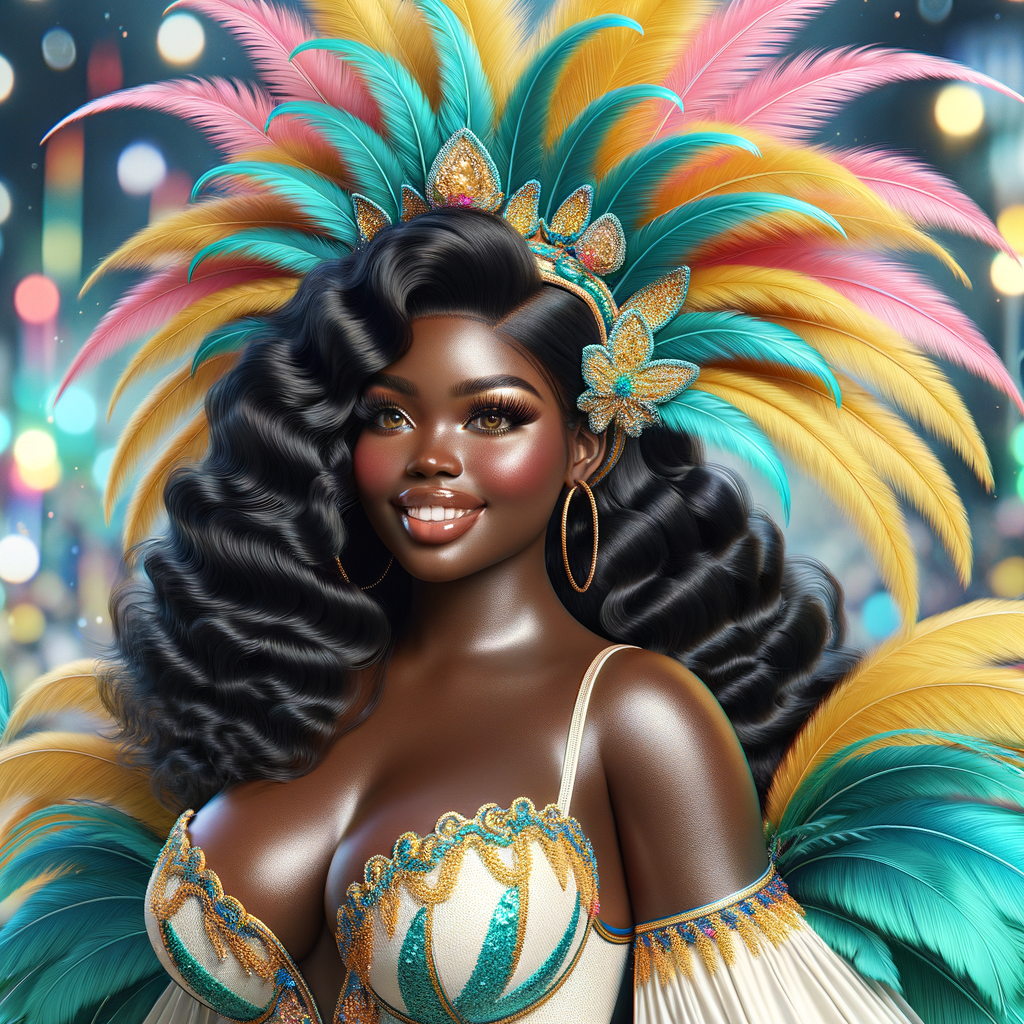 Create a 3-D  vivid full-body view of a colorful glossy hyper-realistic oil painting of a detailed illustration full length photo single image of a beautiful African-American caramel skinned woman plus sized, with long, black, wavy hair, her make up is airbrushed and flawless, she is dressed in a white, teal and yellow large, elaborate, elegant, very detailed carnival costume with colorful African-American pink, blue, gold yellow green feathers, flawless makeup, prominent lashes, black peep toe heels, white pixie hair, background bokeh, she is stunning and smiling, digital art.