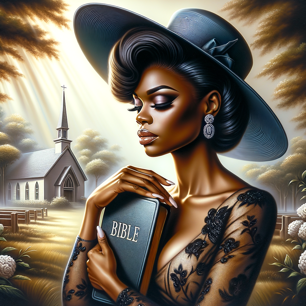 Render an airbrush oil painting of an African American woman with flawless makeup in a
contemplative pose, holding a Bible close to her heart, dressed in an elegant Sunday Best
outfit with a distinctive Church Hat. The background features a peaceful church garden,
with light filtering through the trees, highlighting her spiritual connection and the personal
moment of reflection. The artwork should capture the tranquility of the scene, the beauty
of her attire, and the depth of her contemplation, reflecting a serene and spiritually