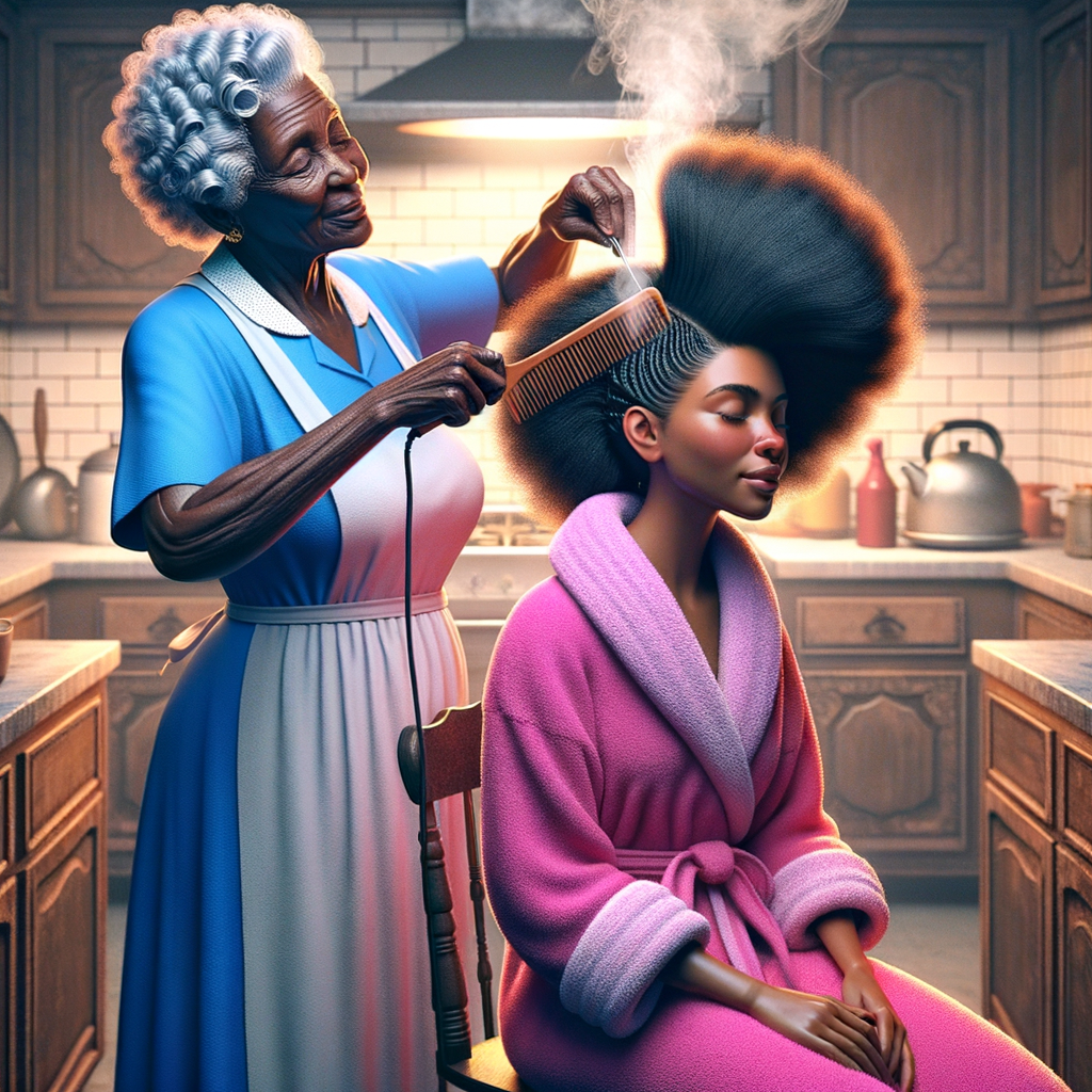 Create a realistic 3-D image of an african-American grandmother wearing a blue house dress and a white apron . She is in the kitchen with her african-American granddaughter. Her granddaughter is wearing a pink bath robe. The grandmother has a hot comb in her hand and she is straightening her granddaughters hair. One side of her granddaughters hair is in  a Afro the other straight 
There is smoke coming from the hot comb
The granddaughter is making a face