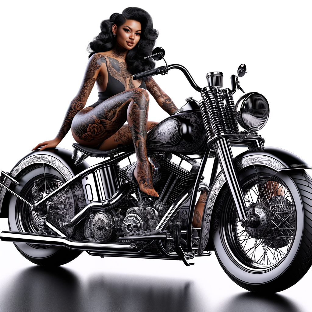 Creat a masterpiece of a beautiful purter rican woman with tattoos sitting on a shiny black Harley Davidson