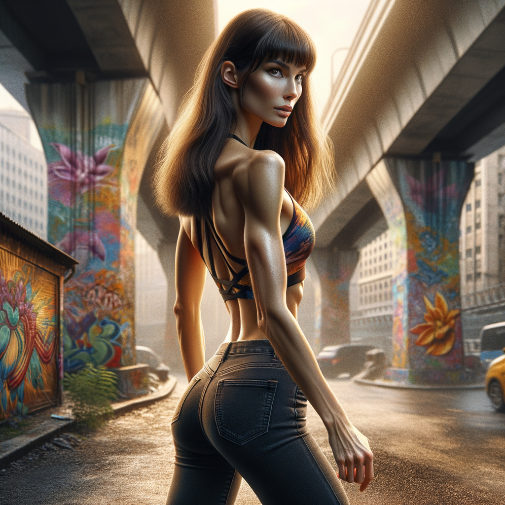 Athletic Thin skinny Attractive, Asian teenage girl, long brown hair and bangs, wearing tight skinny jeans and a halter top paint marks on her clothing, heroic pose Asian graffiti background, backside view