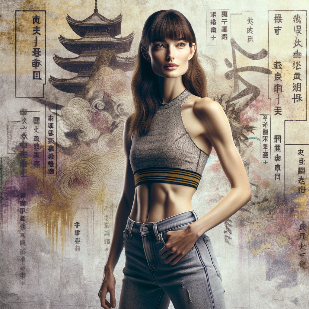 Athletic Thin skinny Attractive, Asian teenage girl, long brown hair and bangs, wearing tight skinny jeans and a halter top paint marks on her clothing, heroic pose Asian graffiti background, side view