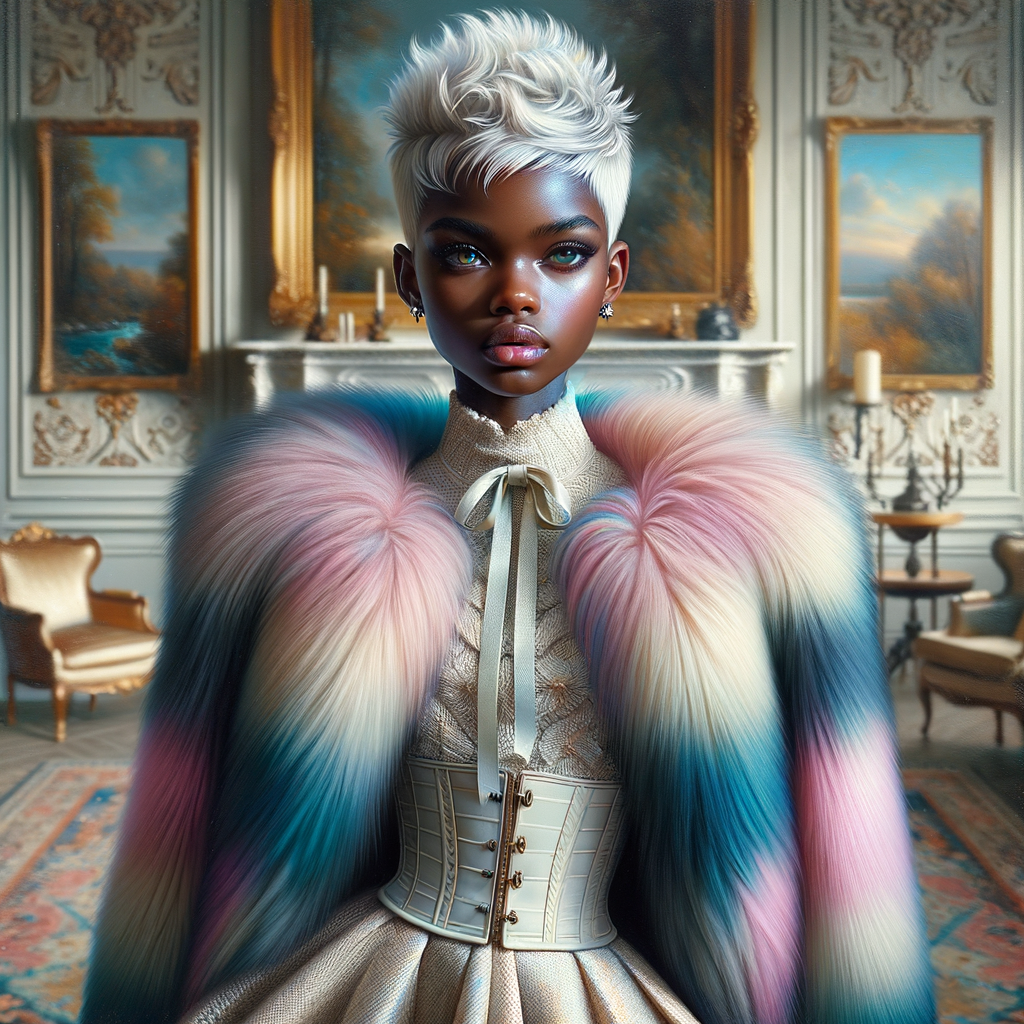 a full body veiw of a colorful gloss hyper realistic oil painting of a regal beautiful light skinned afro  American girlwith beautiful pixie cut one side of hair is black and the other side  of her hair white slick baby hair and furry white and pink and blue furry coat and outfit under the coat standing in living room with fireplace