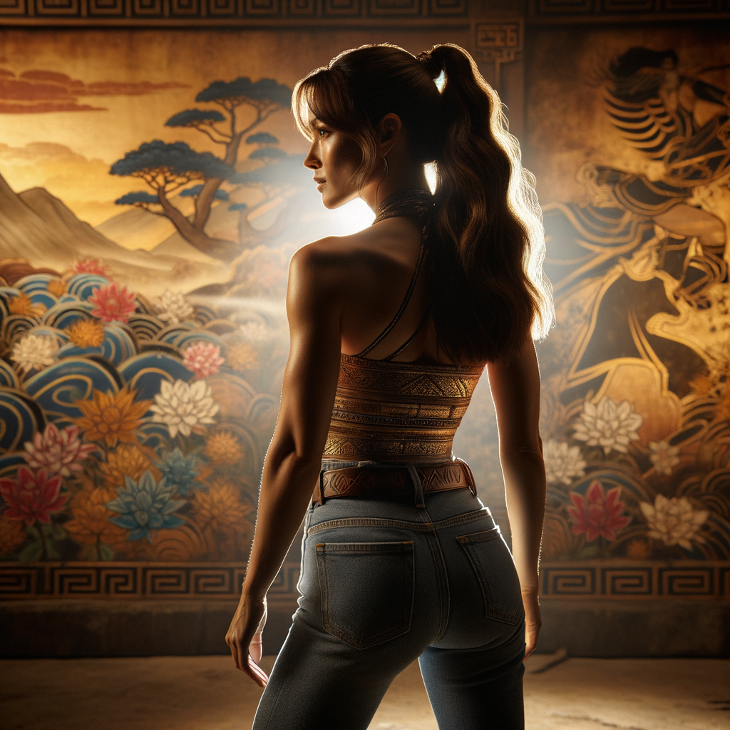 Athletic Thin skinny Attractive, Asian teenage girl, long brown hair and bangs, wearing tight skinny jeans and a halter top paint marks on her clothing, heroic pose Asian graffiti background, backside view