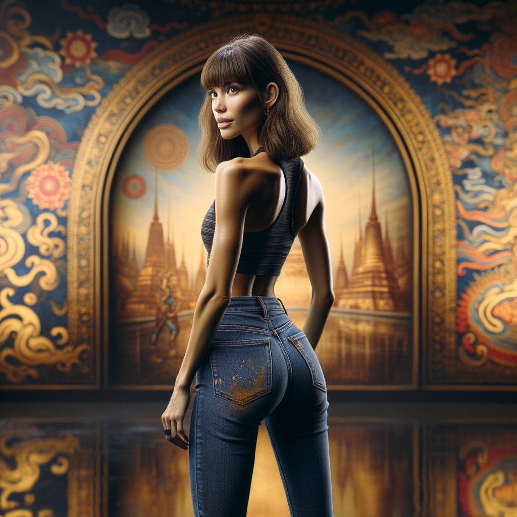 Athletic Thin skinny Attractive, Asian teenage girl, long brown hair and bangs, wearing tight skinny jeans and a halter top paint marks on her clothing, heroic pose Asian graffiti background, backside view