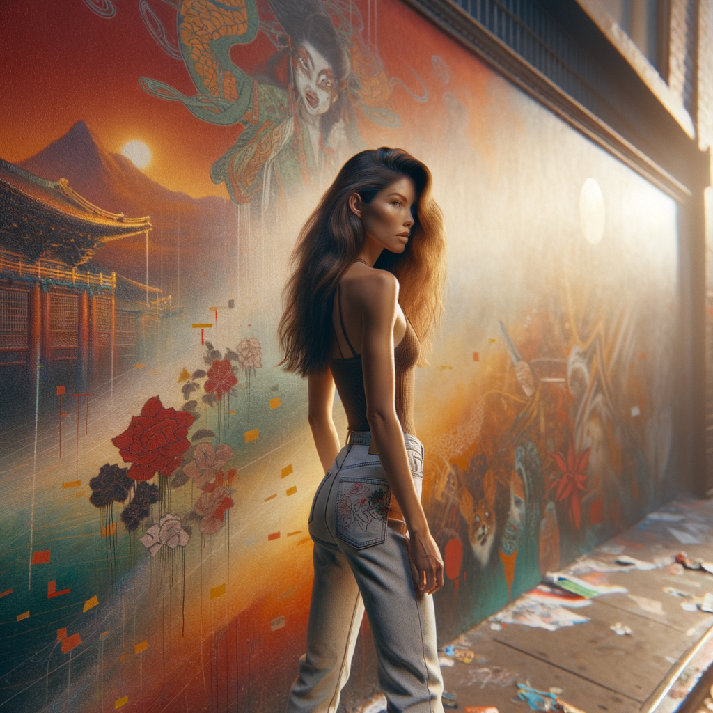 Athletic Thin skinny Attractive, Asian teenage girl, long brown hair and bangs, wearing tight skinny jeans and a halter top paint marks on her clothing, heroic pose Asian graffiti background, backside view