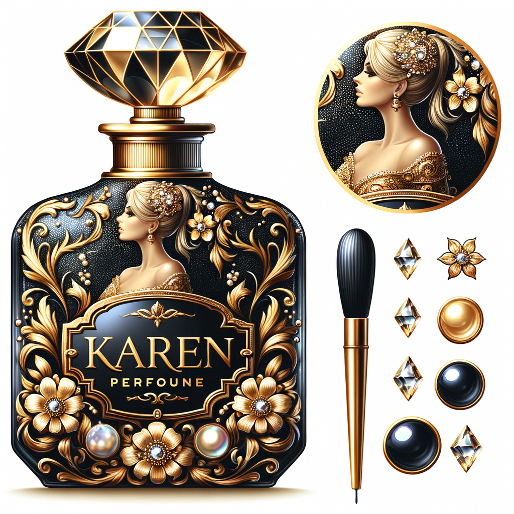 Design a fancy, black and gold bottle of perfume in the shape of a woman’s body. With a golden diamond top, flowers pearls and Diamonds in the name, Karen