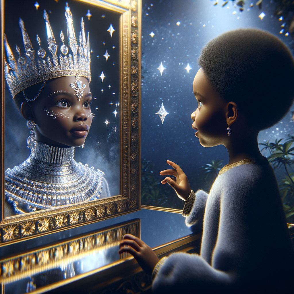 In a 3-D realistic world, a beautiful African-American child stands before a mirror. Her eyes widen as she gazes at her reflection, for the mirror reveals not just her own image but a majestic adult queen. The queen’s skin glows with regal elegance, her features exuding grace and wisdom. She wears a crown adorned with shimmering jewels, each gem reflecting the light like a thousand stars.
The child’s wonder deepens as she realizes that the queen in the mirror is none other than her future self—a powerful ruler who wears her heritage with pride. The mirror whispers secrets of destiny, urging her to embrace her potential and become the queen she sees.
And there, in this magical moment, the child and the queen share a silent pact: to honor their roots, uplift their people, and wear their crowns with unyielding strength.