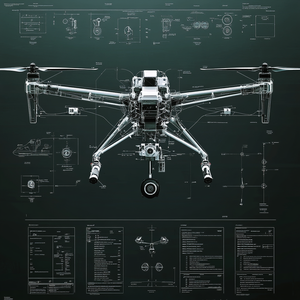 A detailed specification sheet for drone with callouts and dimensions, highly technical