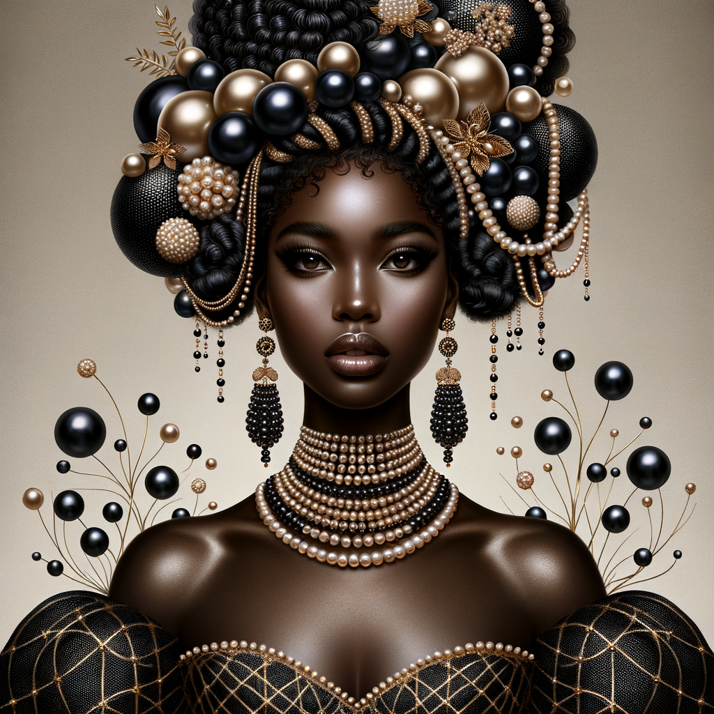 Imagine a digital portrait of a light skinned African-American Latino regal woman named KAREN Her attire and accessories are exclusively adorned with black and gold pearls. They grace her voluminous hair, styled in an elegant updo, where the black pearls form the roots and the gold pearls create the stunning curls. Her ears boast chandelier earrings, with black pearls clustered at the top, transitioning to gold pearls that dangle with delicate grace. Around her neck, a tiered necklace cascades with strands of alternating black and gold pearls, reflecting a sophisticated contrast.

Her shoulders are draped with a luxurious off-shoulder gown, the fabric's weave incorporating intricate patterns formed by black and gold pearls. The gown's texture has a subtle sheen, suggesting a high-quality material with a pearlescent finish. As a centerpiece, a grand brooch sits at her collar, with a large gold pearl surrounded by an elaborate design of smaller black pearls.

The background of the portrait features an abstract composition of floating pearls, swirling in a dance of shadows and light, emphasizing the color theme of black and gold. The name "KAREN" is discreetly integrated into the lower right corner of the artwork, blending seamlessly with the design, as if it were a signature part of the jewelry ensemble. The overall effect is one of timeless elegance, a blend of modern design and classic beauty, all tied together by the luxurious palette of black and gold.