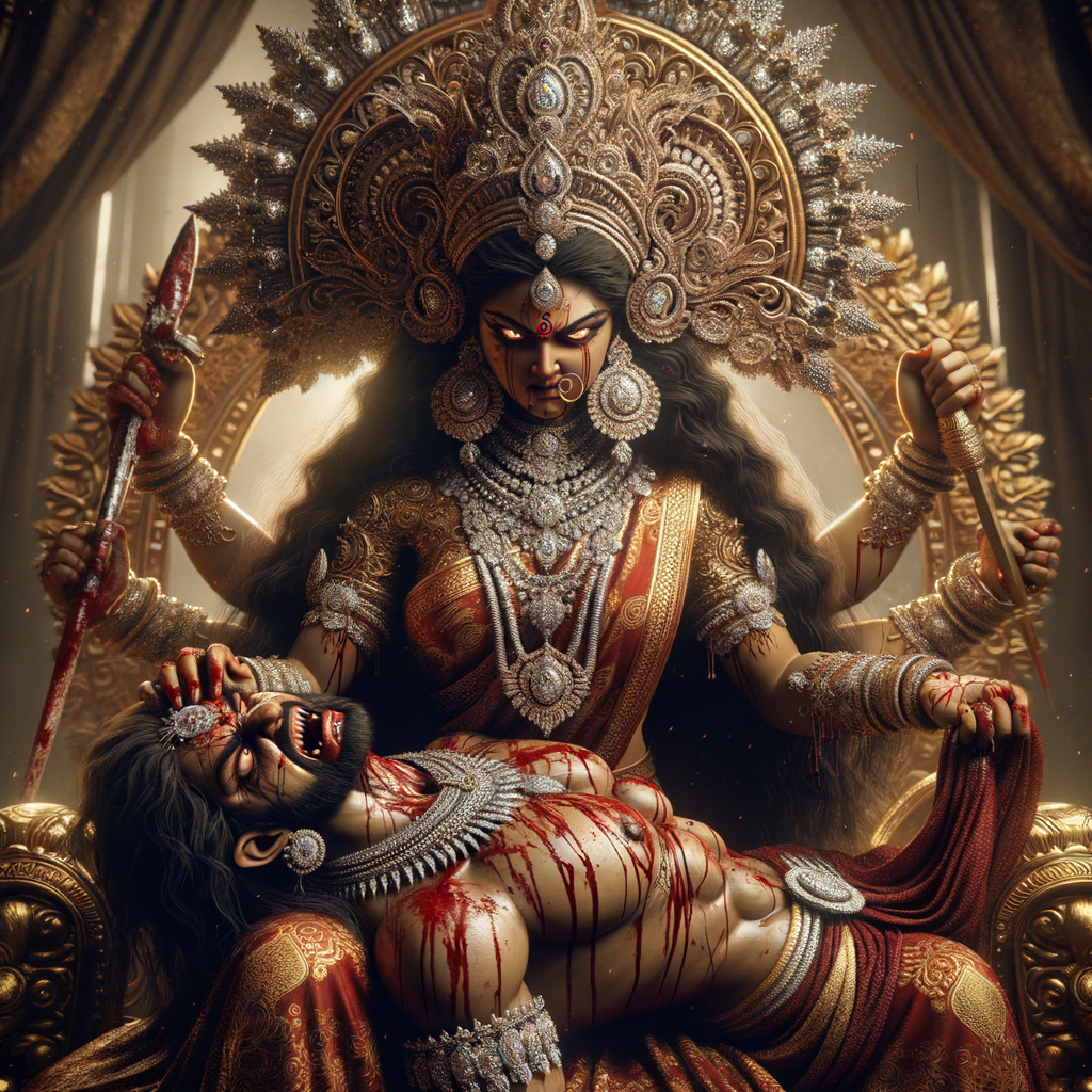 portrait of angry looking goddess durga, sitting on a gold crown and carrying a weak mahishasur on her lap. She is wearing diamond armor, a huge diamond crown, red saree, abundant diamond jewelry, covered in blood. The scene is set in ancient India. The image is 8K resolution, cinematic, ultra detailed face and epic.