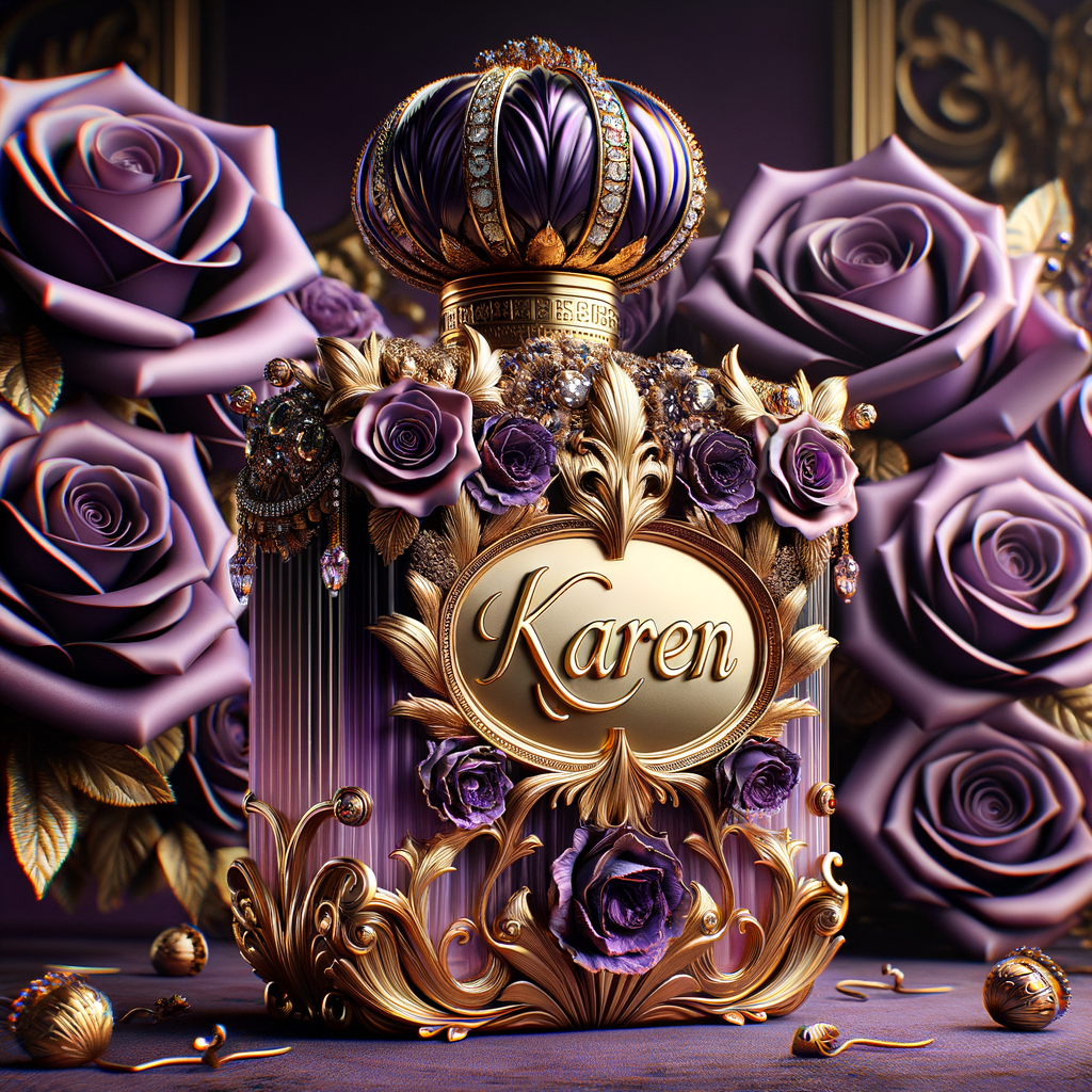 Craft an image of an ornate perfume bottle, with a luxurious design featuring purple roses and intricate gold detailing. At the center of the bottle, include an elegant, raised gold script that spells out the name 'Karen'. The bottle should exude opulence with a jeweled crown-like cap and a background that suggests sumptuousness and sophistication. The script should be harmonious with the lavish design, standing out against the purple and gold palette.