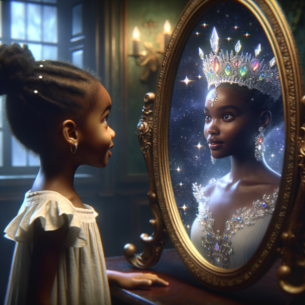 In a 3-D realistic world, a beautiful African-American child stands before a mirror. Her eyes widen as she gazes at her reflection, for the mirror reveals not just her own image but a majestic adult queen. The queen’s skin glows with regal elegance, her features exuding grace and wisdom. She wears a crown adorned with shimmering jewels, each gem reflecting the light like a thousand stars.
The child’s wonder deepens as she realizes that the queen in the mirror is none other than her future self—a powerful ruler who wears her heritage with pride. The mirror whispers secrets of destiny, urging her to embrace her potential and become the queen she sees.
And there, in this magical moment, the child and the queen share a silent pact: to honor their roots, uplift their people, and wear their crowns with unyielding strength.