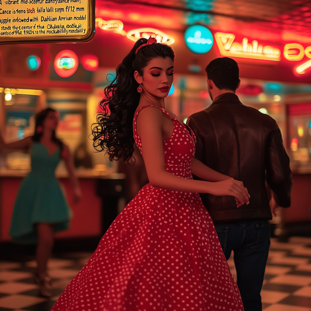 “A vibrant mid-century dance hall scene captured with a Canon EOS R5 and a 50mm f/1.2 lens. the image is focused on Dahlia Valentina fit tall supple well endowed tanned Italian American model (DahliaValentina_ai) stands in the center of a 1950s rockabilly dance, spinning in a bright red polka-dot dress with a fitted bodice and a flared skirt that lifts as she twirls. Her long wavy black hair is tied up with a matching headscarf, and she wears classic cat-eye eyeliner with a bold red lip. She dances with a charming partner dressed in a leather jacket and cuffed jeans, both caught mid-motion in a lively jitterbug step. The neon signs glow behind them, casting warm reflections on the checkered dance floor. The energy of the crowd, jukebox music, and the flickering of retro diner lights add to the nostalgic atmosphere. The composition follows dynamic angles, emphasizing movement and vintage allure.”