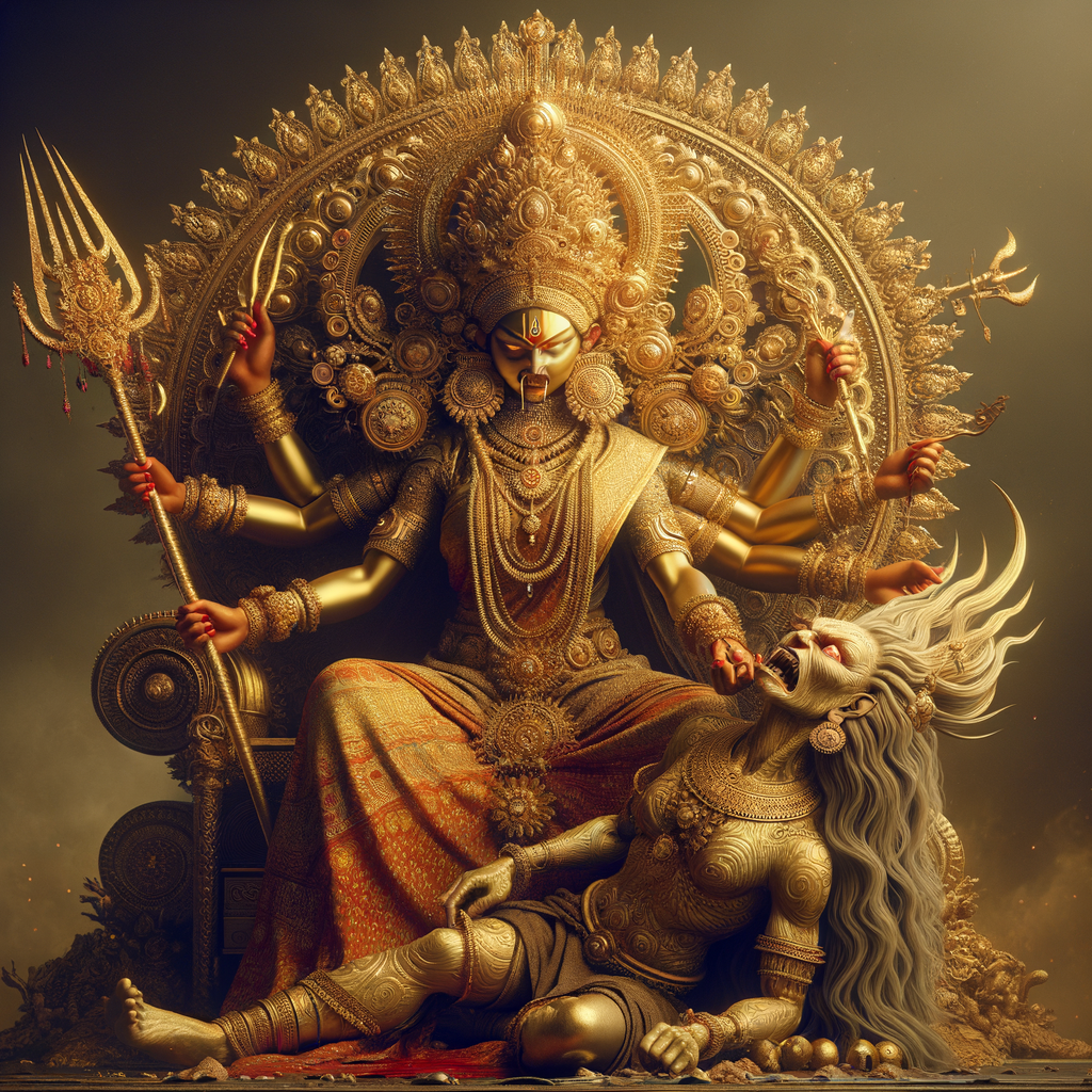 portrait of extremely angry looking goddess durga sitting on a gold crown and carrying a weak mahishasur on her lap and poking him with her amazingly long red fingernails. She is wearing gold armor, a huge gold crown, gold saree, abundant  gold jewelry, covered in blood. The scene is set in ancient India. The image is 8K resolution, cinematic, photography, ultra detailed face and epic.