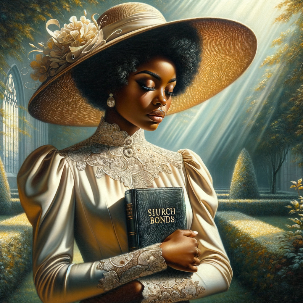 Render an airbrush oil painting of an African American woman with flawless makeup in a
contemplative pose, holding a Bible close to her heart, dressed in an elegant Sunday Best
outfit with a distinctive Church Hat. The background features a peaceful church garden,
with light filtering through the trees, highlighting her spiritual connection and the personal
moment of reflection. The artwork should capture the tranquility of the scene, the beauty
of her attire, and the depth of her contemplation, reflecting a serene and spiritually