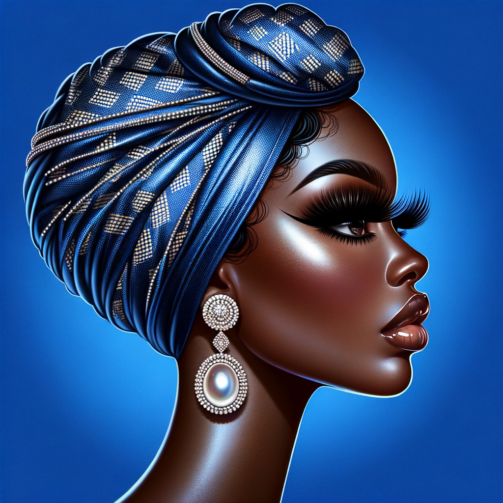 Create an airbrushed digital portrait of an animated
African-American woman in profile against a solid cobalt
blue backdrop. Her radiant skin, strikingly long eyelashes, a
pronounced nose, and voluminous natural glossy lips are
showcased. She wears a headwrap adorned with intricate
diamond patterns. Large, elegant pearl drop earrings
complete her appearance, showcasing the entire headshot
details with a focus on sophistication and grace. The digital
art should highlight her striking features against the vibrant
background, creating a visually stunning piece.