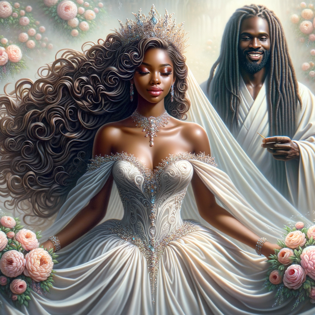 Create a 3-D realistic oil, painting of a beautiful African-American bride. She has long flooring, wavy hair and her gown has beautiful jewels around the neckline. in the background there is a beautiful African-American Jesus Christ with long dreadlocks, and he is smiling. He is very handsome pastel flowers throughout the image.