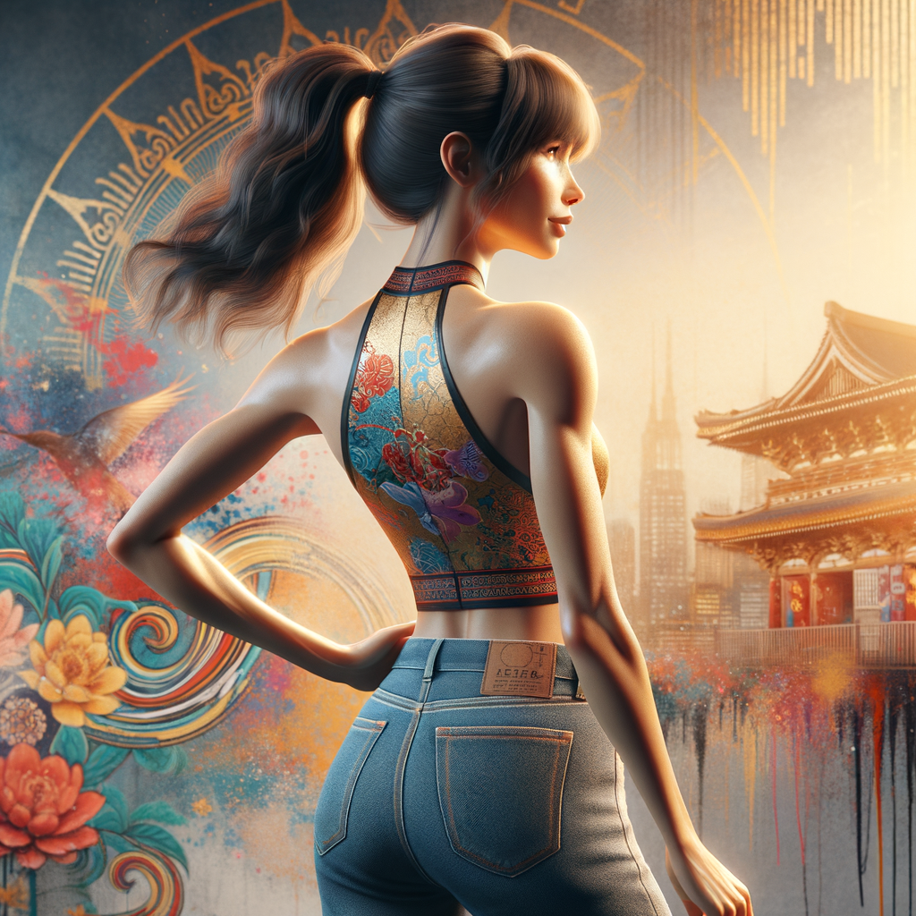 Athletic Thin skinny Attractive, Asian teenage girl, long brown hair and bangs, wearing tight skinny jeans and a halter top paint marks on her clothing, heroic pose Asian graffiti background, backside view