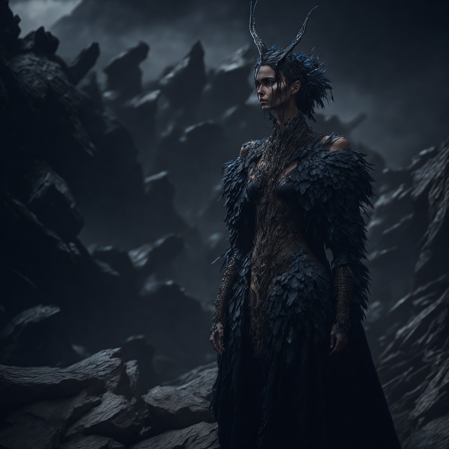 close-up; underexposed, dramatic, dark; intense alien-like female, headdress, sharp beak, long nails, wearing a gown made of long octane iridescent dark feathers, on a pile of rocks and driftwood leaning towards us, surrounded by agitated small birds; hypnotic gaze; clear dark cornflower blue sky; black desert, coal dust in the air; detailed; blurred foreground; hazy background, geological vibe, hills, valleys