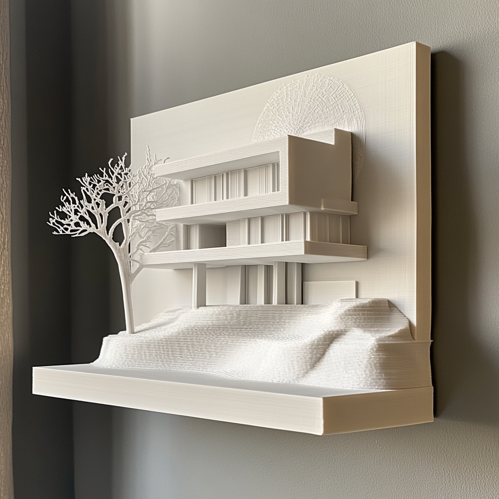 3D printed scale model of a modern house being displayed as art on a wall