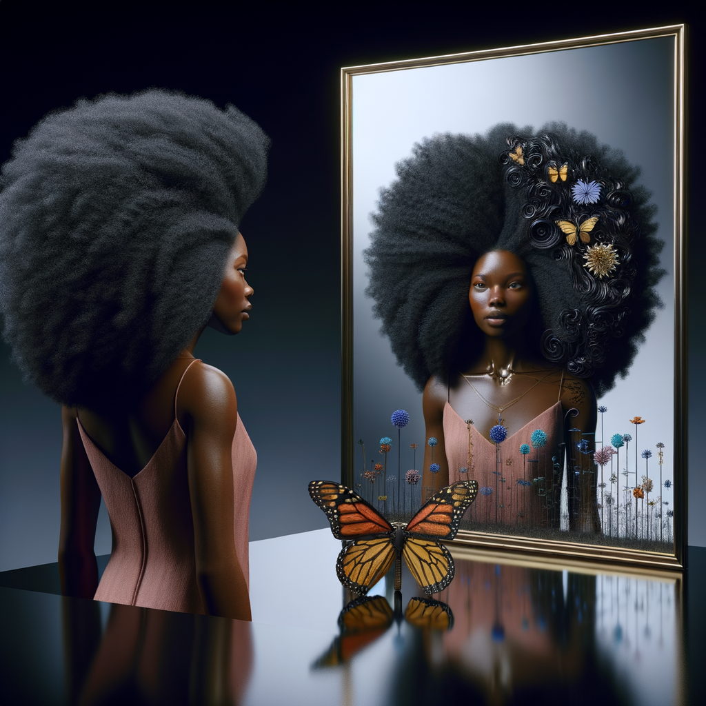 Create a 3-D realistic beautiful African-American  women with thick curly black hair
Looking at herself in the mirror, but the reflection she sees is a child, and she is no longer beautiful. She is ugly with scars. There is a fallen butterfly.