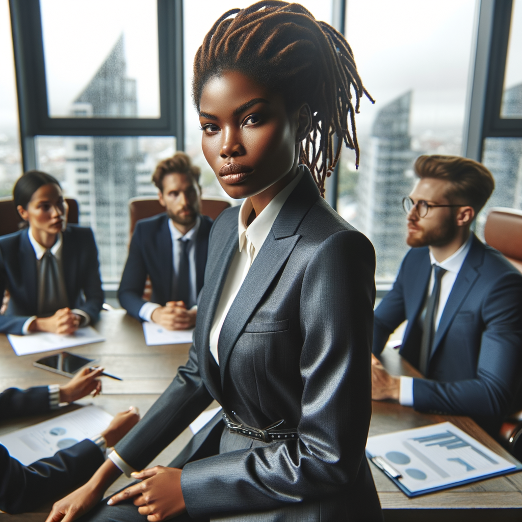 Describe a sophisticated Black woman with a caramel 
complexion, styled locs, and a sleek business suit, leading 
a boardroom discussion on environmental sustainability in 
a sleek urban office building."