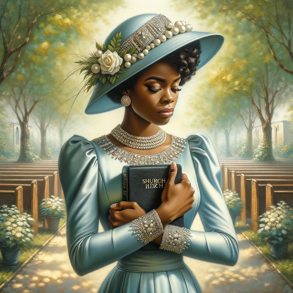 Render an airbrush oil painting of an African American woman with flawless makeup in a
contemplative pose, holding a Bible close to her heart, dressed in an elegant Sunday Best
outfit with a distinctive Church Hat. The background features a peaceful church garden,
with light filtering through the trees, highlighting her spiritual connection and the personal
moment of reflection. The artwork should capture the tranquility of the scene, the beauty
of her attire, and the depth of her contemplation, reflecting a serene and spiritually