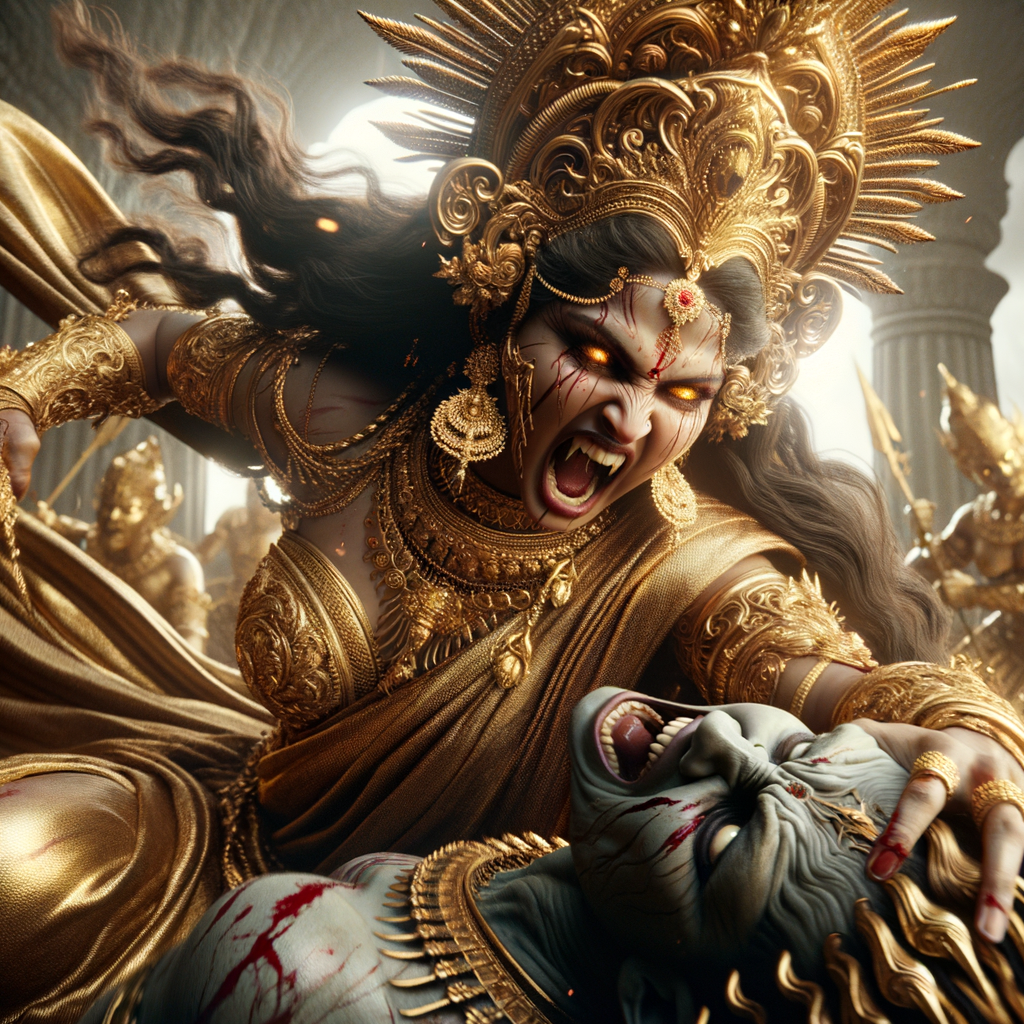 portrait of angry looking goddess durga pinning mahishasur to the ground. She is wearing gold armor, a huge gold crown, gold saree, abundant  gold jewelry, covered in blood. The scene is set in ancient India. The image is 8K resolution, photography, cinematic, ultra detailed face and epic