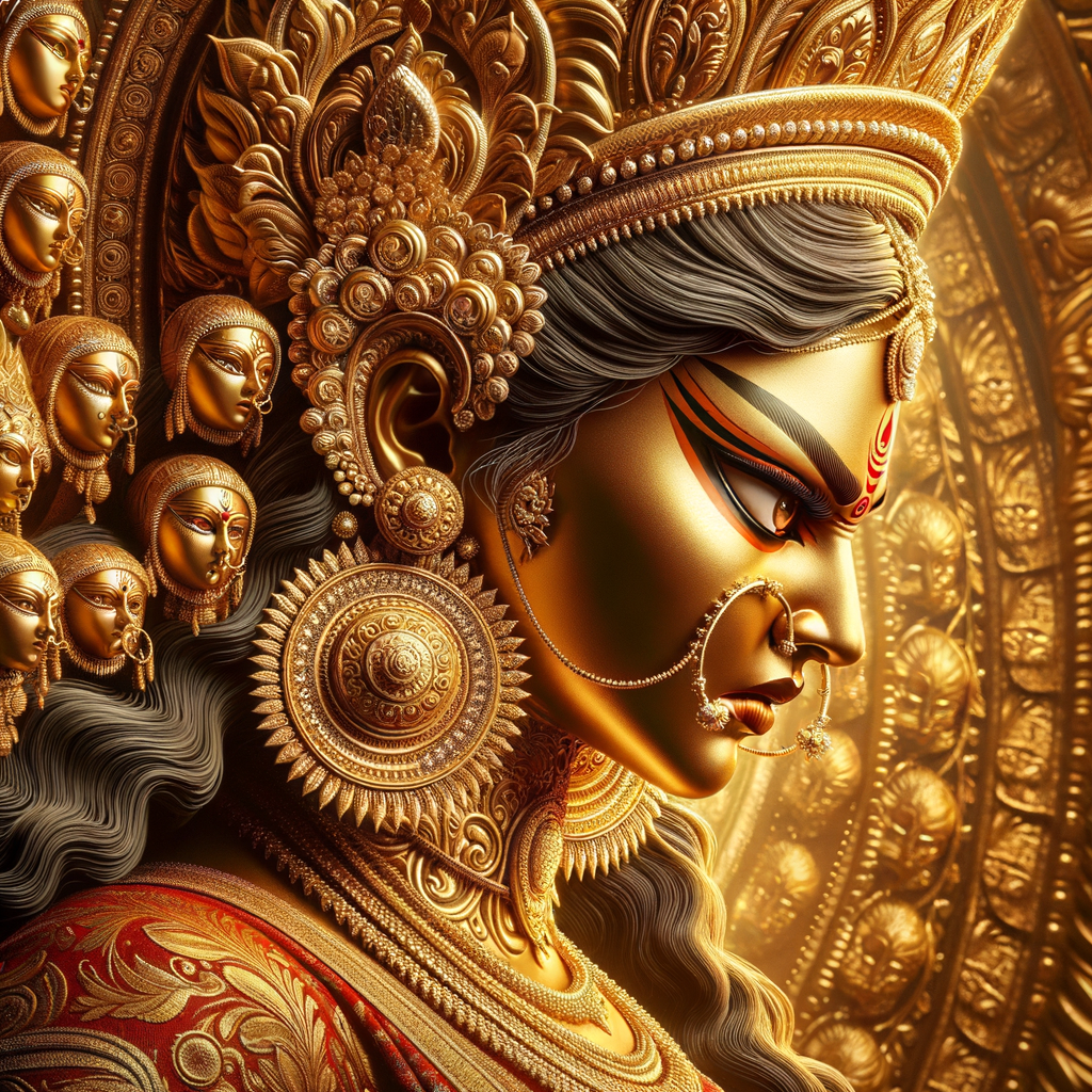 Side view portrait of  gorgeous and extremely angry goddess durga. intricately detailed depiction of a goddess. gold jewelry all over body. ultra detailed face. Wearing red saree, a lot of gold ear piercings, huge gold crown on head, uhd, hdr, 64k, epic, ultra detailed face