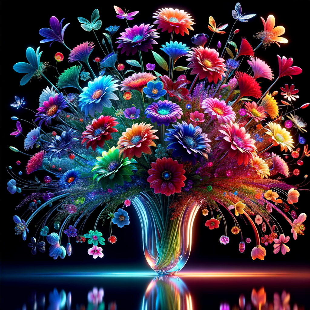 A vibrant and whimsical bouquet of glossy, multicolored flowers, each petal radiating joy in a spectrum of red, pink, blue, purple, orange, and yellow hues, assembled in a reflective, curved glass vase. The stems and leaves are rendered in rich, lifelike greens, contrasting beautifully with the brightly hued petals. The vase, positioned on a dark surface, holds a magical arrangement where the lower half is filled with layers of sparkling, jewel-toned crystals, creating a rainbow gradient from green to blue to fiery orange. Each flower seems to have a character of its own, contributing to a cheerful and enchanting composition that exudes the essence of a dreamy, enchanted garden.